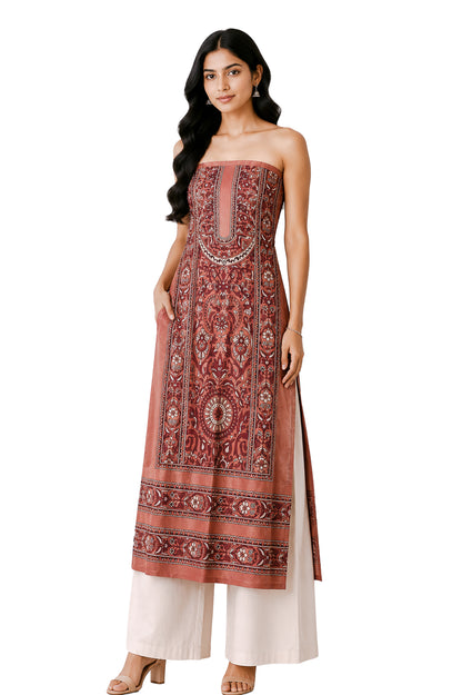 Ajrakh Mashru Silk Natural Dye Screen Print Hand Printed Unstitched Kurta Fabric  3.00 Mtr  Length  -  SKU : AI29402F