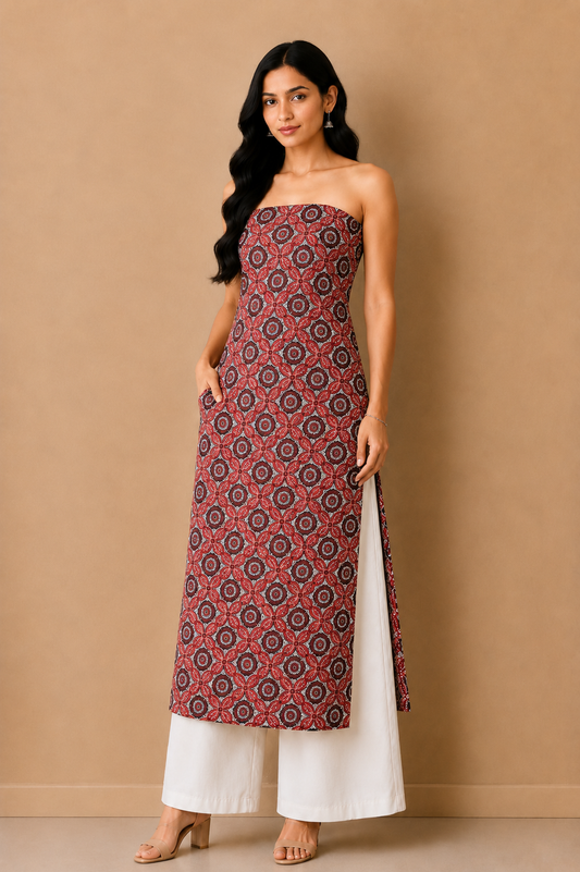 Ajrakh Mashru Silk Natural Dye Screen Print Hand Printed Unstitched Kurta Fabric  2.50 Mtr  Length  -  SKU : AI02503A