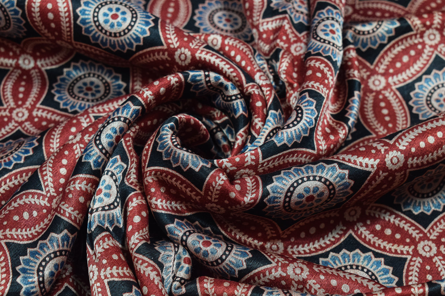 Ajrakh Mashru Silk Natural Dye Screen Print Hand Printed Unstitched Kurta Fabric  2.50 Mtr  Length  -  SKU : AI02503A