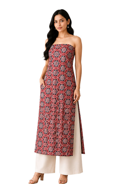 Ajrakh Mashru Silk Natural Dye Screen Print Hand Printed Unstitched Kurta Fabric  3.00 Mtr  Length  -  SKU : AI02504A