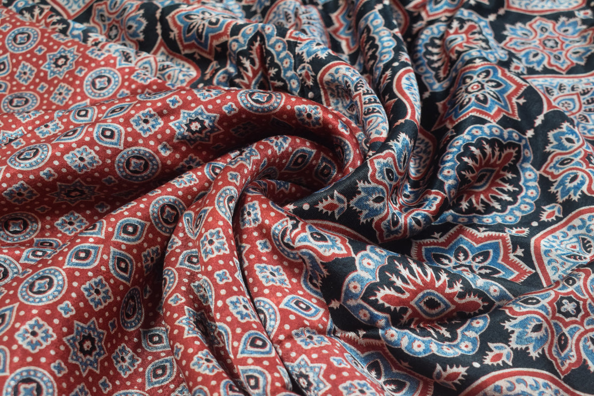 Ajrakh Mashru Silk Natural Dye Screen Print Hand Printed Unstitched Kurta Fabric  3.00 Mtr  Length  -  SKU : AI11801H