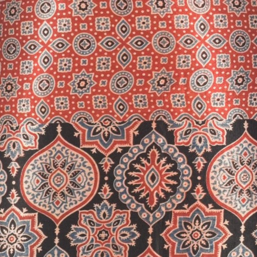 Ajrakh Mashru Silk Natural Dye Screen Print Hand Printed Unstitched Kurta Fabric  3.00 Mtr  Length  -  SKU : AI11801H