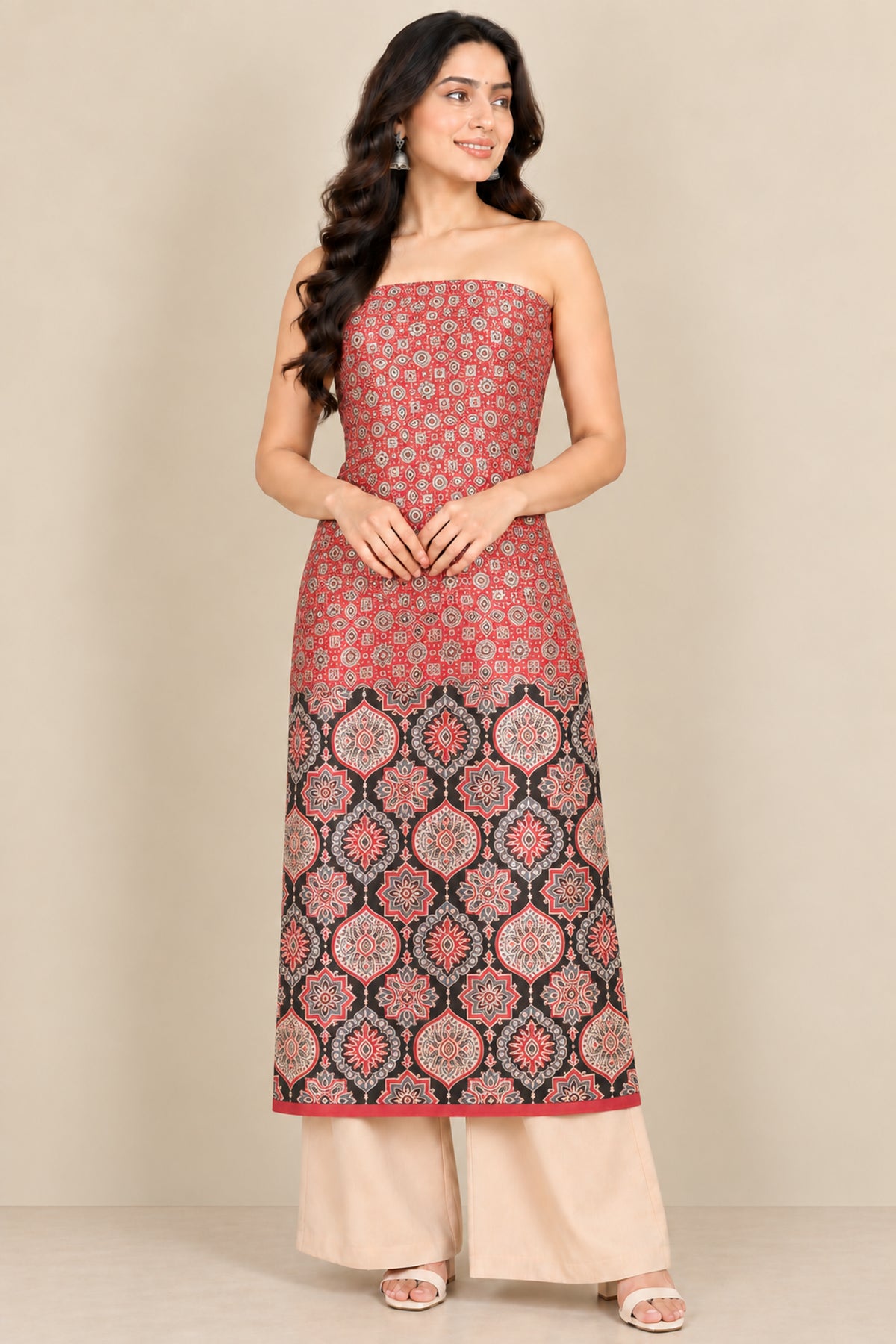 Ajrakh Mashru Silk Natural Dye Screen Print Hand Printed Unstitched Kurta Fabric  3.00 Mtr  Length  -  SKU : AI11801H