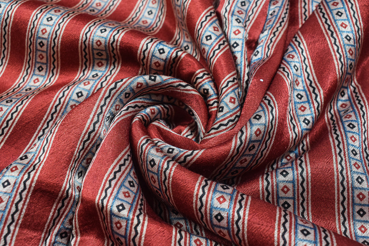Ajrakh Mashru Silk Natural Dye Screen Print Hand Printed Unstitched Kurta Fabric  3.00 Mtr  Length  -  SKU : AI11801N