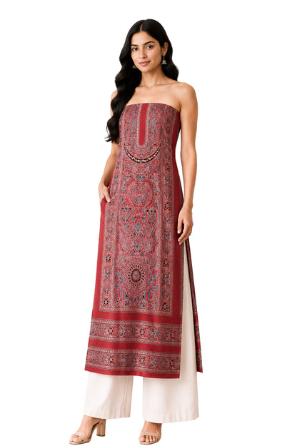 Ajrakh Mashru Silk Natural Dye Screen Print Hand Printed Unstitched Kurta Fabric  2.50 Mtr  Length  -  SKU : AI29401A