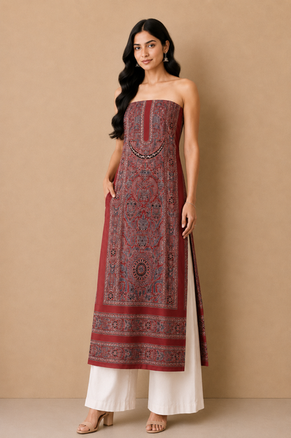Ajrakh Mashru Silk Natural Dye Screen Print Hand Printed Unstitched Kurta Fabric  3.00 Mtr  Length  -  SKU : AI29402A