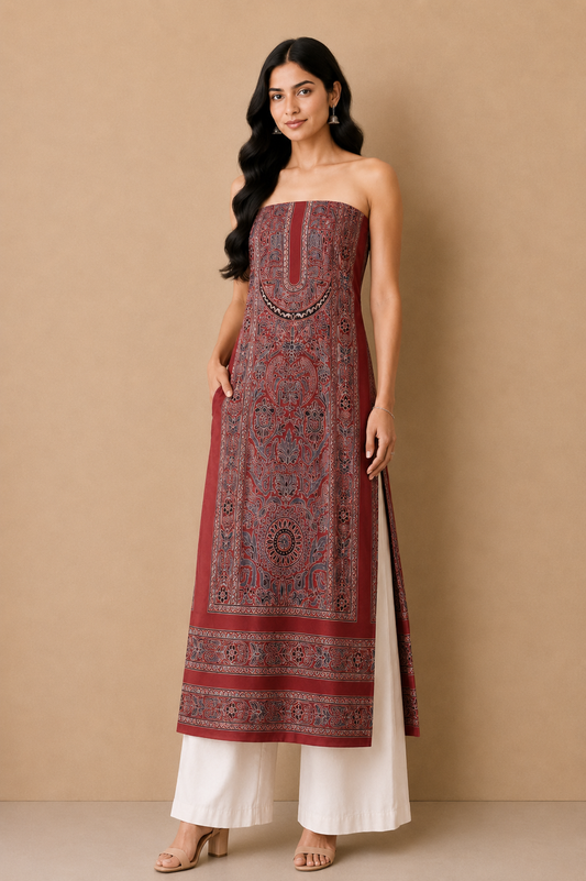 Ajrakh Mashru Silk Natural Dye Screen Print Hand Printed Unstitched Kurta Fabric  3.00 Mtr  Length  -  SKU : AI29402A