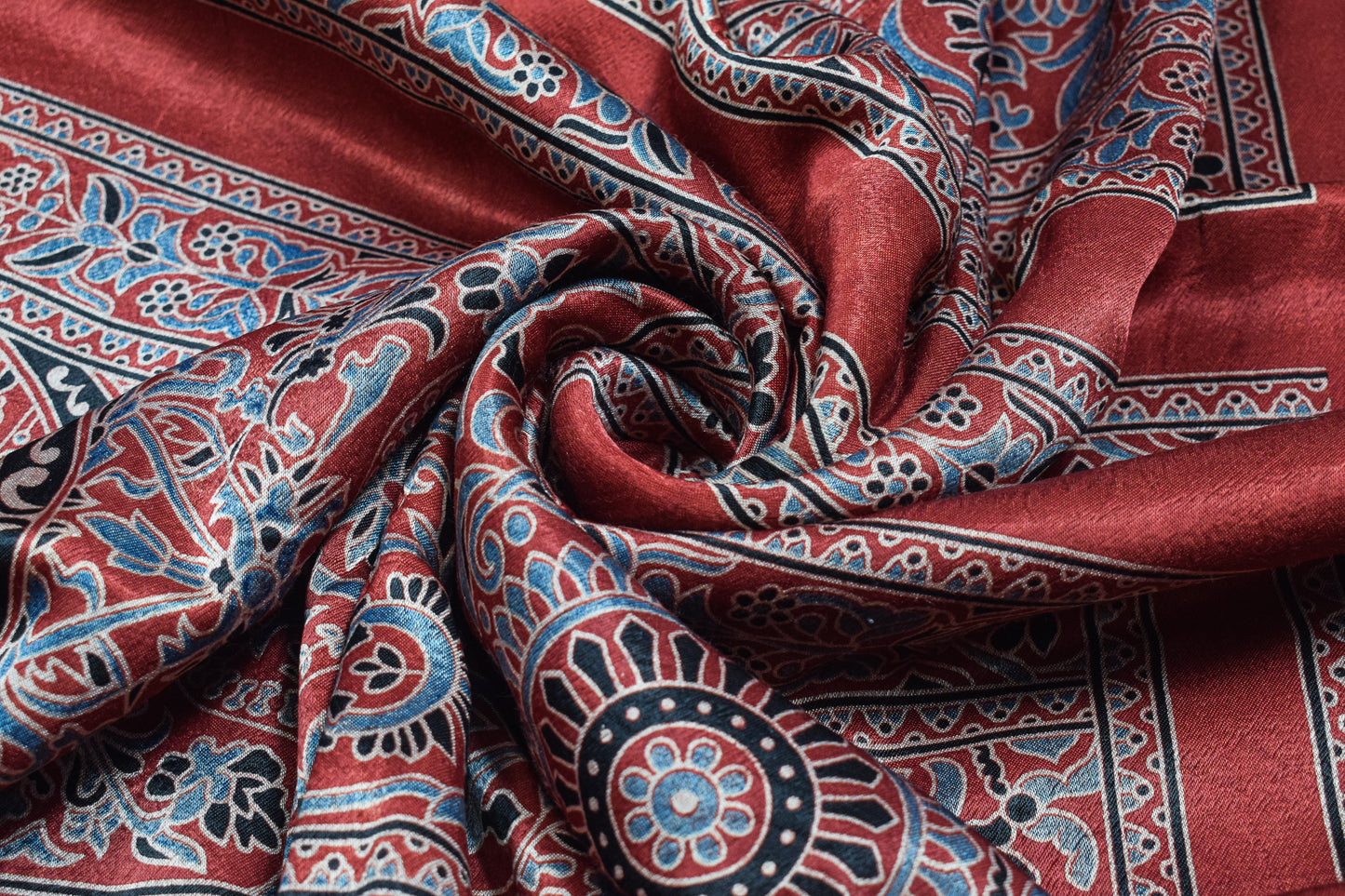 Ajrakh Mashru Silk Natural Dye Screen Print Hand Printed Unstitched Kurta Fabric  3.00 Mtr  Length  -  SKU : AI29402A