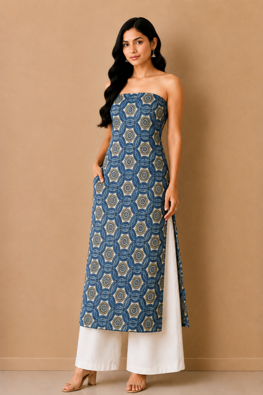 Ajrakh Mashru Silk Natural Dye Screen Print Hand Printed Unstitched Kurta Fabric  2.50 Mtr  Length  -  SKU : AI02503H