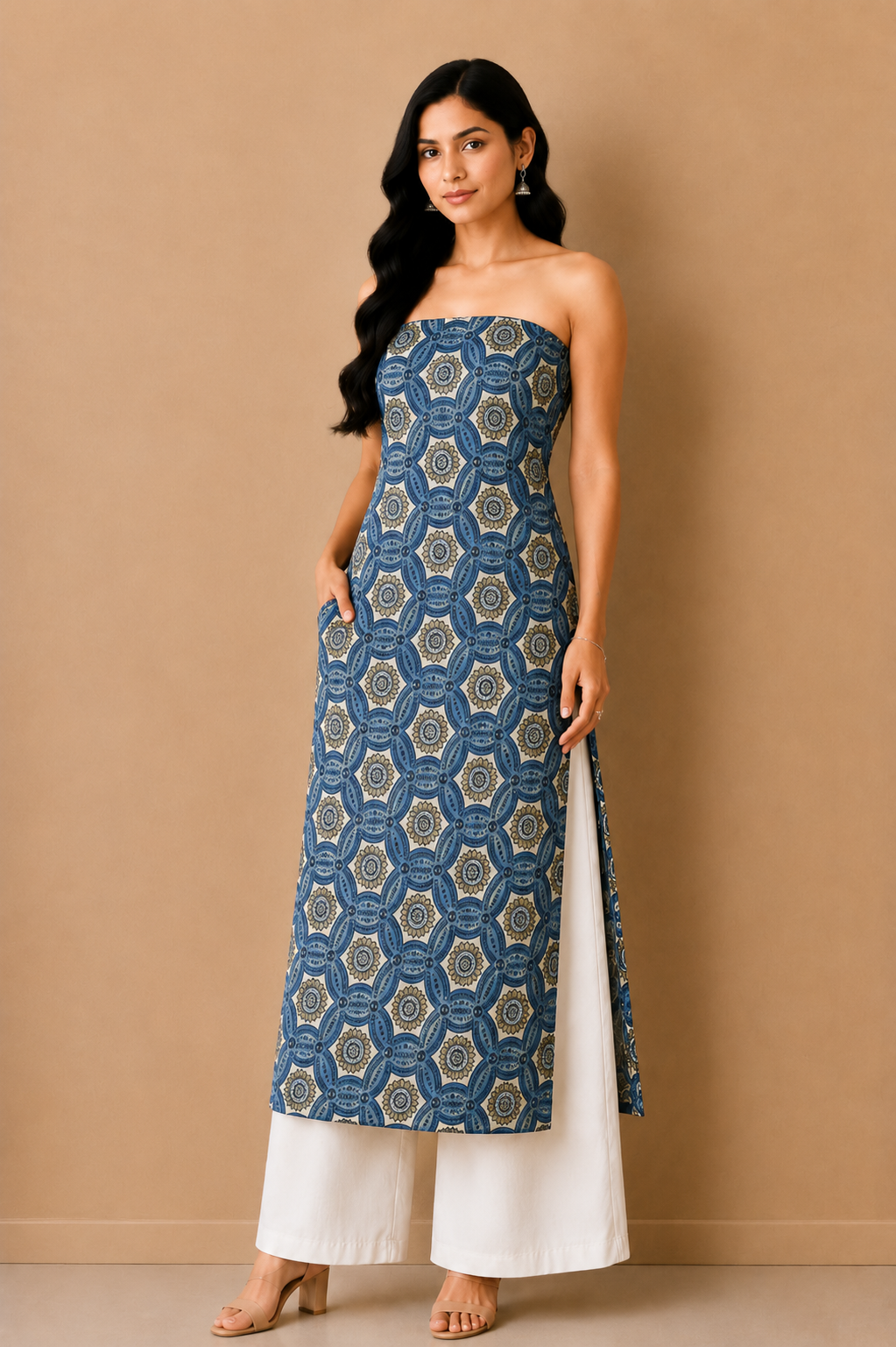 Ajrakh Mashru Silk Natural Dye Screen Print Hand Printed Unstitched Kurta Fabric  3.00 Mtr  Length  -  SKU : AI02504H