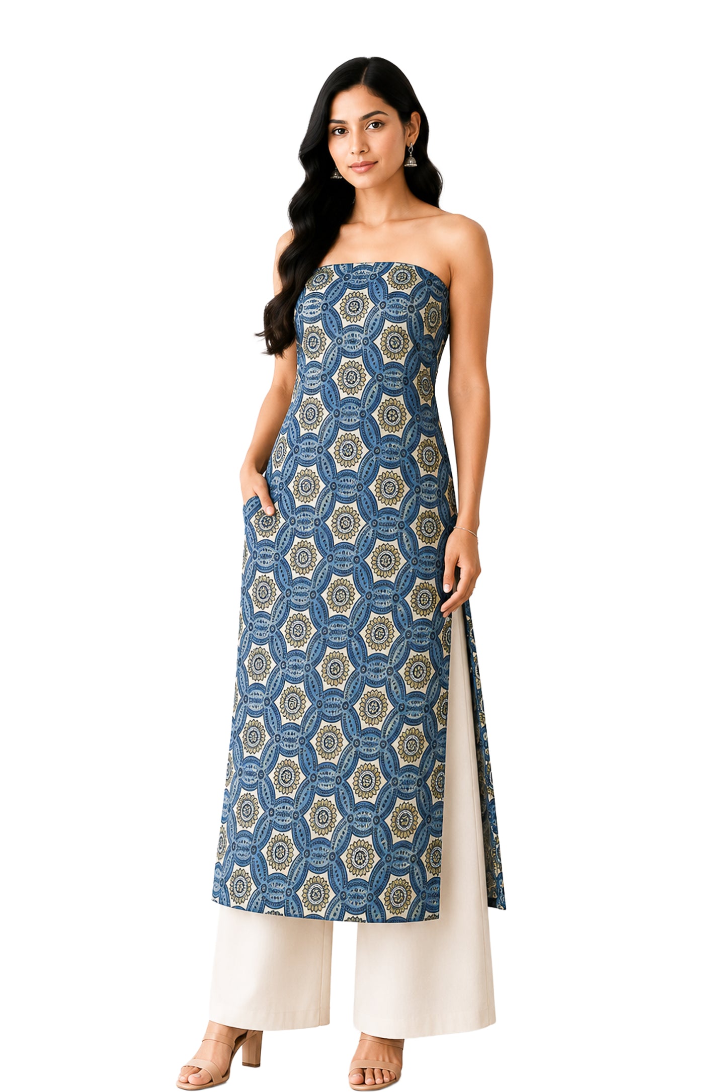 Ajrakh Mashru Silk Natural Dye Screen Print Hand Printed Unstitched Kurta Fabric  2.50 Mtr  Length  -  SKU : AI02503H