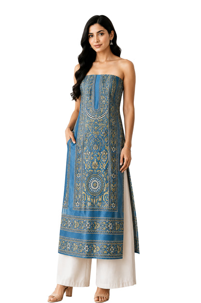 Ajrakh Mashru Silk Natural Dye Screen Print Hand Printed Unstitched Kurta Fabric  2.50 Mtr  Length  -  SKU : AI29401P