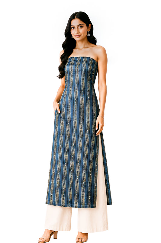 Ajrakh Mashru Silk Natural Dye Screen Print Hand Printed Unstitched Kurta Fabric  3.00 Mtr  Length  -  SKU : AI29402H