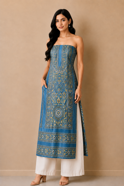 Ajrakh Mashru Silk Natural Dye Screen Print Hand Printed Unstitched Kurta Fabric  3.00 Mtr  Length  -  SKU : AI29402O