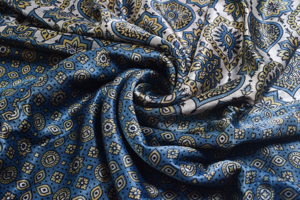 Ajrakh Mashru Silk Natural Dye Screen Print Hand Printed Unstitched Kurta Fabric  3.00 Mtr  Length  -  SKU : AI11801Q