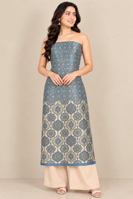 Ajrakh Mashru Silk Natural Dye Screen Print Hand Printed Unstitched Kurta Fabric  3.00 Mtr  Length  -  SKU : AI11801Q