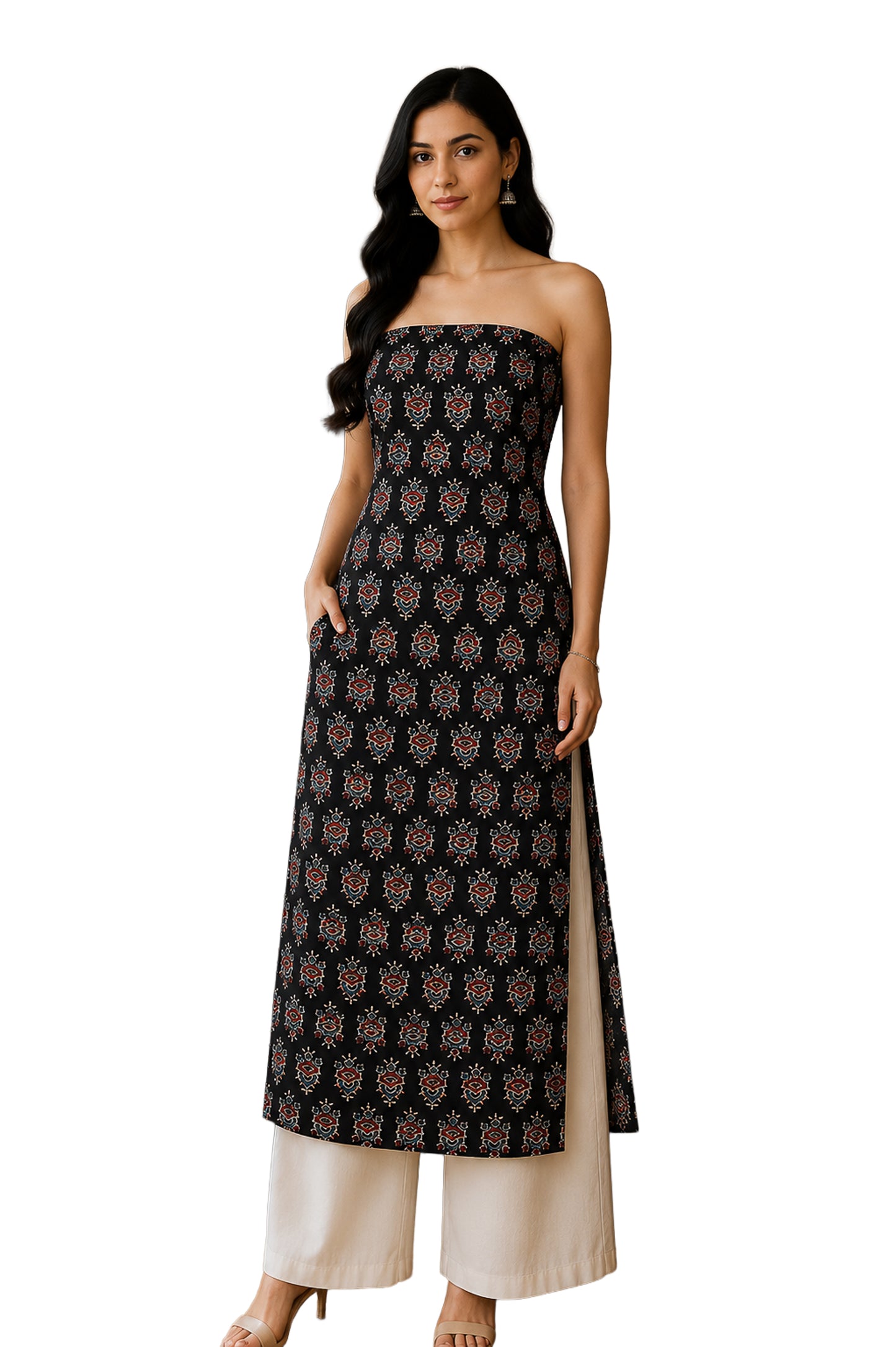 Ajrakh Modal Silk Natural Dye Hand Block Print Unstitched Kurta Fabric  Mtr Length  2.5 Mtr  Length  -  SKU : AI06401F