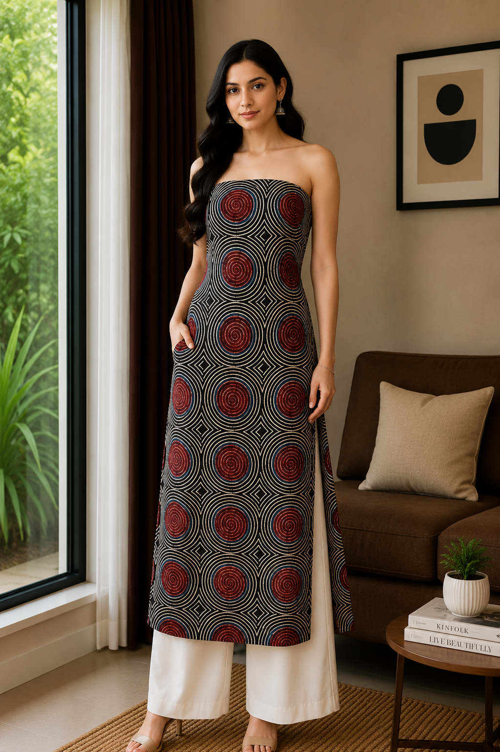 Ajrakh Modal Silk Natural Dye Hand Block Print Unstitched Kurta Fabric  Mtr Length  2.5 Mtr  Length  -  SKU : AI06401N