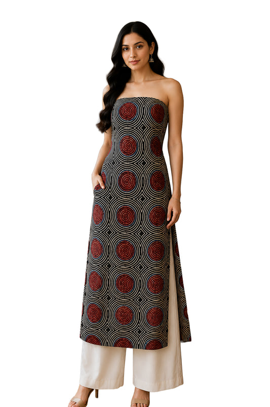 Ajrakh Modal Silk Natural Dye Hand Block Print Unstitched Kurta Fabric  Mtr Length  2.5 Mtr  Length  -  SKU : AI06401N