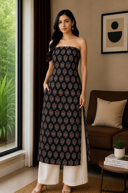 Ajrakh Modal Silk Natural Dye Hand Block Print Unstitched Kurta Fabric  Mtr Length  3 Mtr  Length  -  SKU : AI06402F