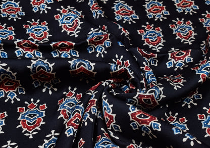 Ajrakh Modal Silk Natural Dye Hand Block Print Unstitched Kurta Fabric  Mtr Length  3 Mtr  Length  -  SKU : AI06402F