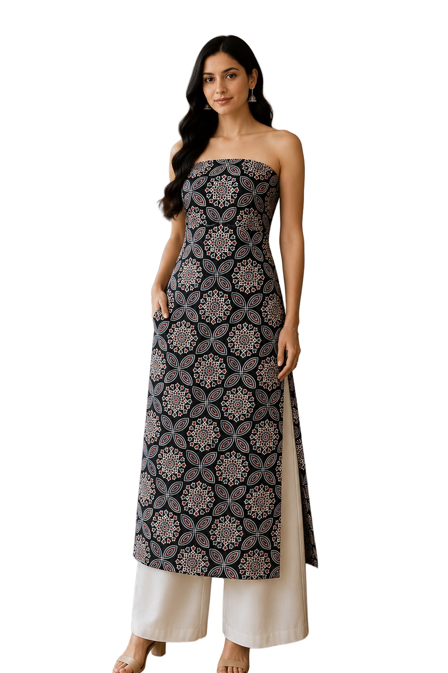 Ajrakh Modal Silk Natural Dye Hand Block Print Unstitched Kurta Fabric  Mtr Length  2.5 Mtr  Length  -  SKU : AI0640AD