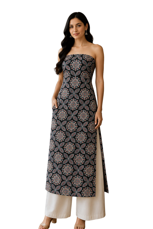 Ajrakh Modal Silk Natural Dye Hand Block Print Unstitched Kurta Fabric  Mtr Length  3 Mtr  Length  -  SKU : AI0640BD