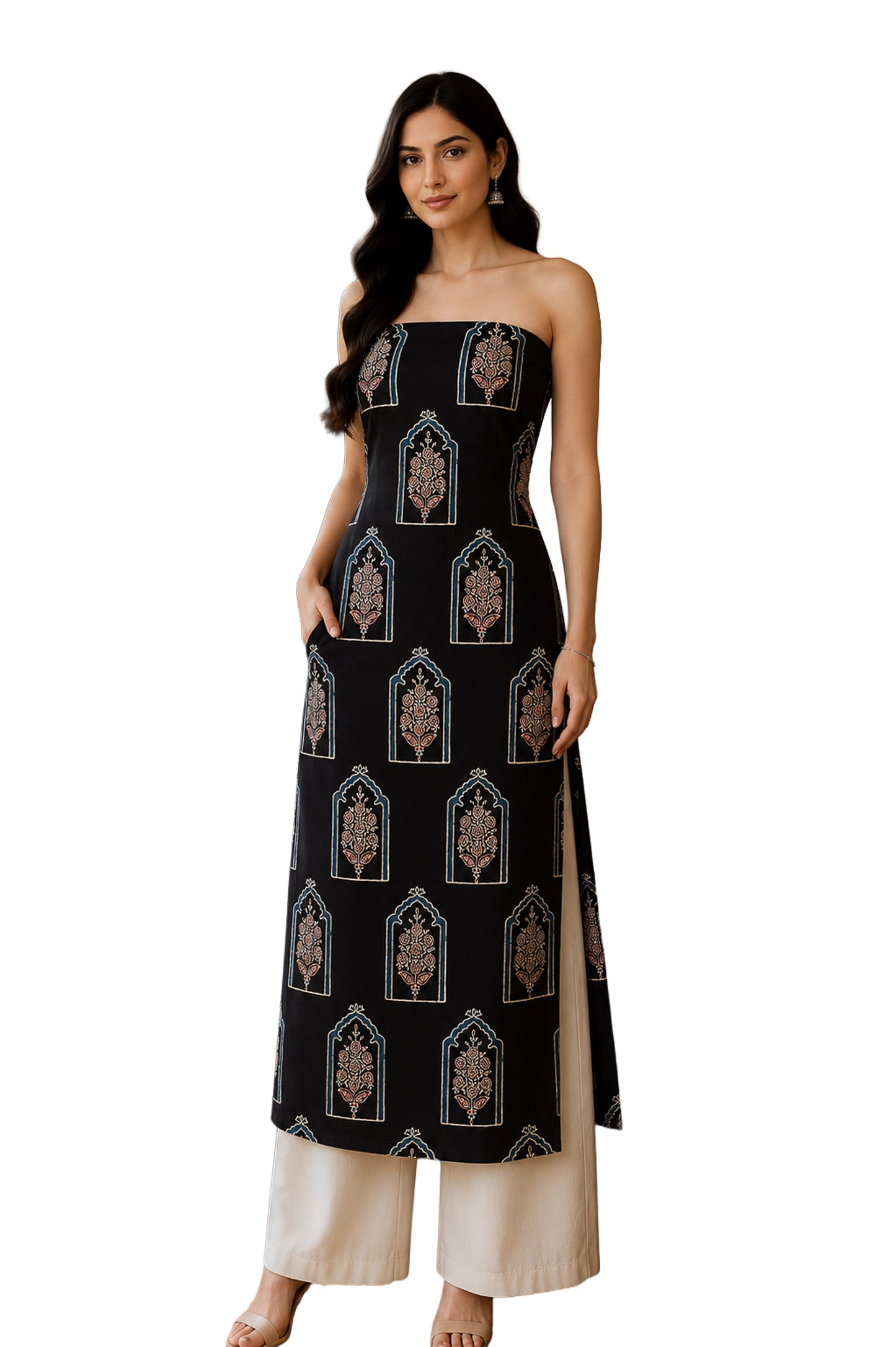 Ajrakh Modal Silk Natural Dye Hand Block Print Unstitched Kurta Fabric   3.00 Mtr Length  -  SKU : AI1710BF