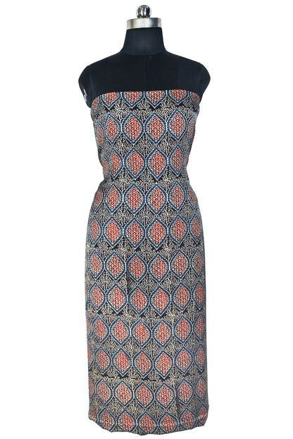 Ajrakh Modal Silk Natural Dye Hand Block Print Unstitched Kurta Fabric   2.5 Mtr  Length  -  SKU : AI22501K