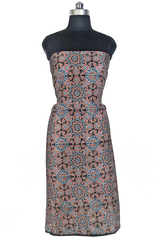 Ajrakh Modal Silk Natural Dye Hand Block Print Unstitched Kurta Fabric   3 Mtr  Length  -  SKU : AI22502P