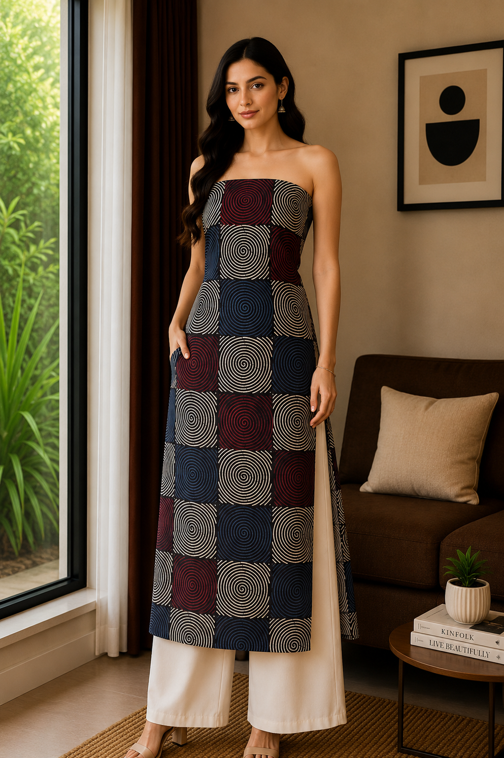 Ajrakh Modal Silk Natural Dye Hand Block Print Unstitched Kurta Fabric  Mtr Length  3 Mtr  Length  -  SKU : AI26903A