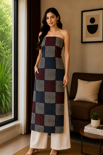 Ajrakh Modal Silk Natural Dye Hand Block Print Unstitched Kurta Fabric  Mtr Length  3 Mtr  Length  -  SKU : AI26903A