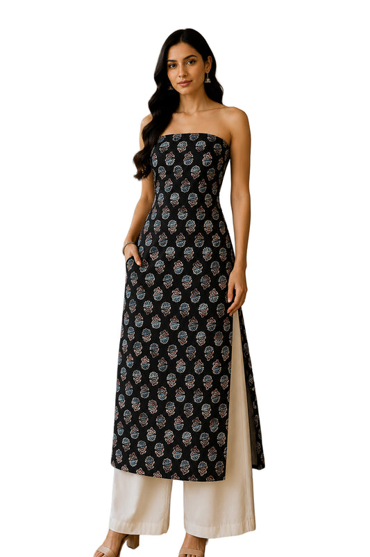 Ajrakh Modal Silk Natural Dye Hand Block Print Unstitched Kurta Fabric  2.50 Mtr Length   -  SKU : AI30101Q