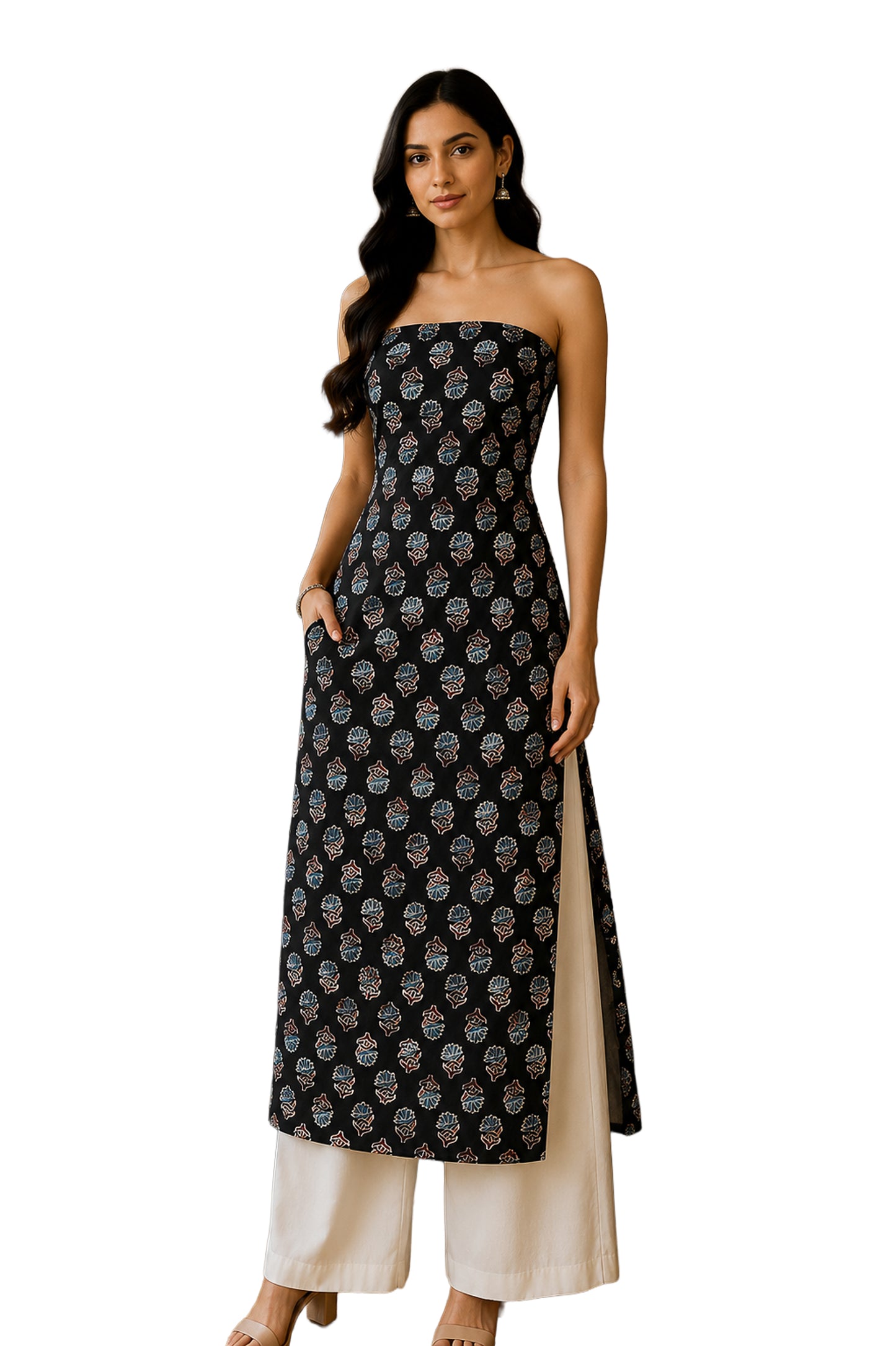 Ajrakh Modal Silk Natural Dye Hand Block Print Unstitched Kurta Fabric   3.00 Mtr Length  -  SKU : AI30102Q