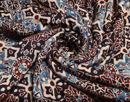 Ajrakh Modal Silk Natural Dye Hand Block Print Unstitched Kurta Fabric 2.5 Mtr  Length  -  SKU : HM01801D