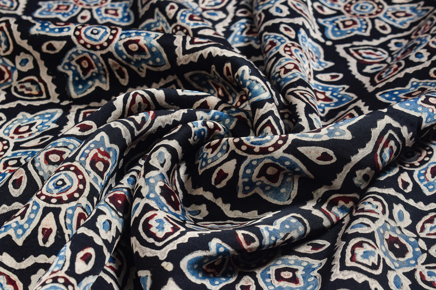 Ajrakh Modal Silk Natural Dye Hand Block Print Unstitched Kurta Fabric  Mtr Length  2.25 Mtr  Length  -  SKU : ID16901D