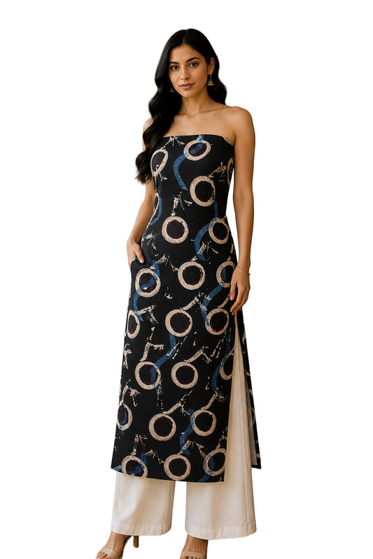 Ajrakh Modal Silk Natural Dye Hand Block Print Unstitched Kurta Fabric  2.50 Mtr Length  -  SKU : AI20101A