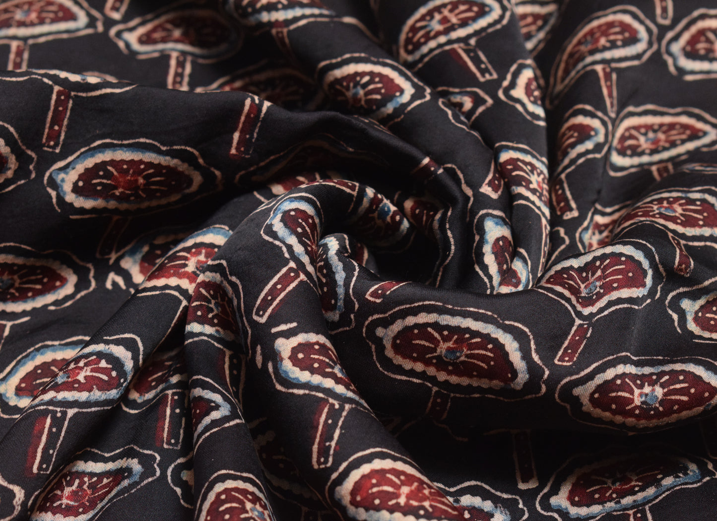 Ajrakh Modal Silk Natural Dye Hand Block Print Unstitched Kurta Fabric    2.5 Mtr  Length  -  SKU : ID24B01D