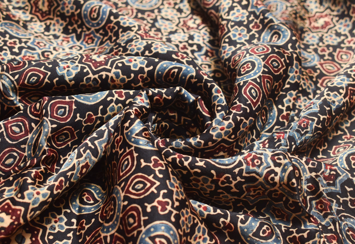 Ajrakh Modal Silk Natural Dye Hand Block Print Unstitched Kurta Fabric    2.5 Mtr  Length  -  SKU : ID24B01I