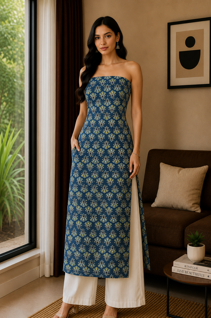 Ajrakh Modal Silk Natural Dye Hand Block Print Unstitched Kurta Fabric  2.50 Mtr Length   -  SKU : AI30101F