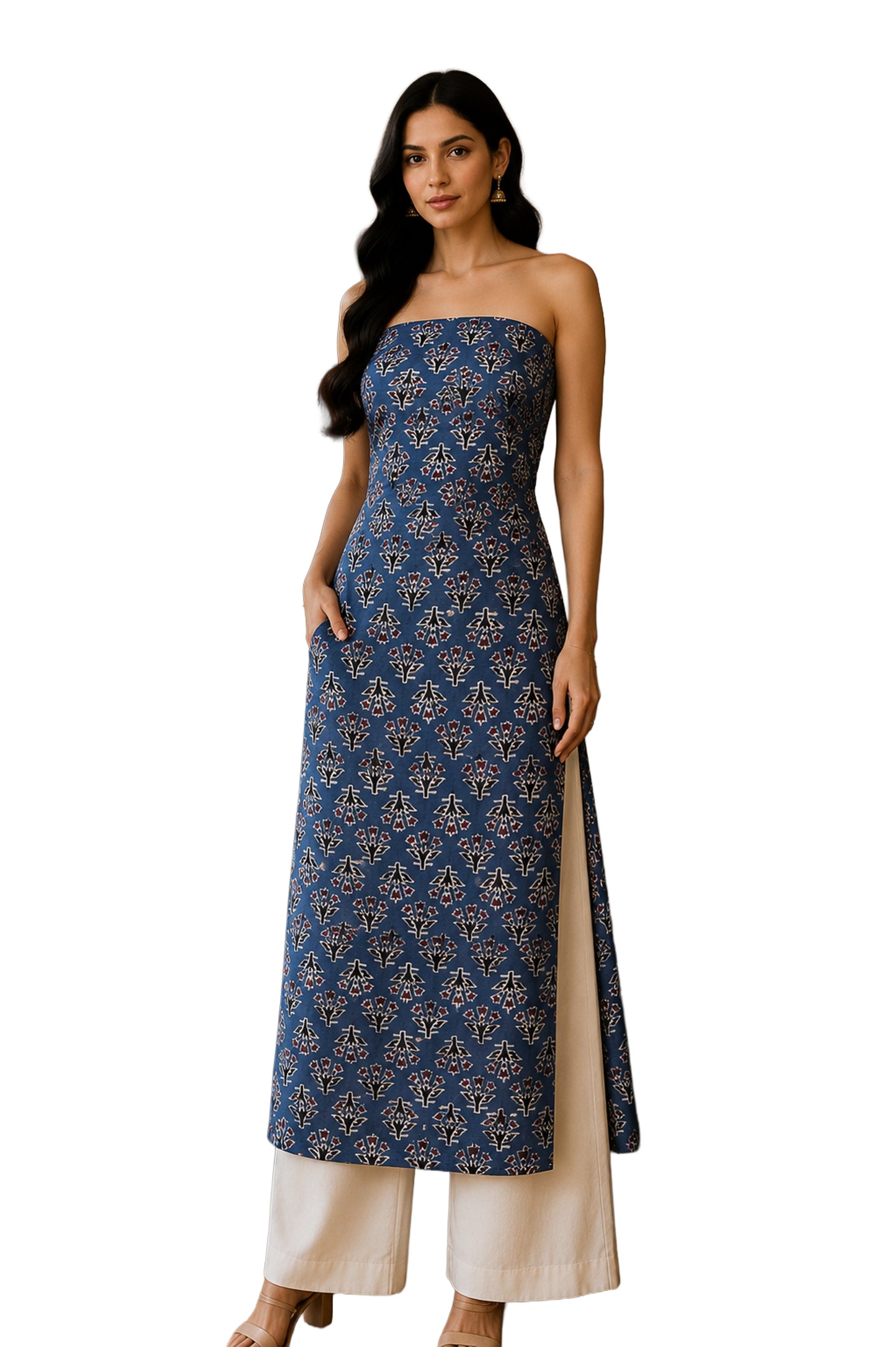 Ajrakh Modal Silk Natural Dye Hand Block Print Unstitched Kurta Fabric   3.00 Mtr Length  -  SKU : AI30102C
