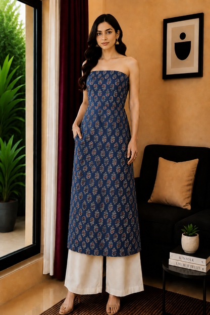 Ajrakh Modal Silk Natural Dye Hand Block Print Unstitched Kurta Fabric   3.00 Mtr Length  -  SKU : AI30102S