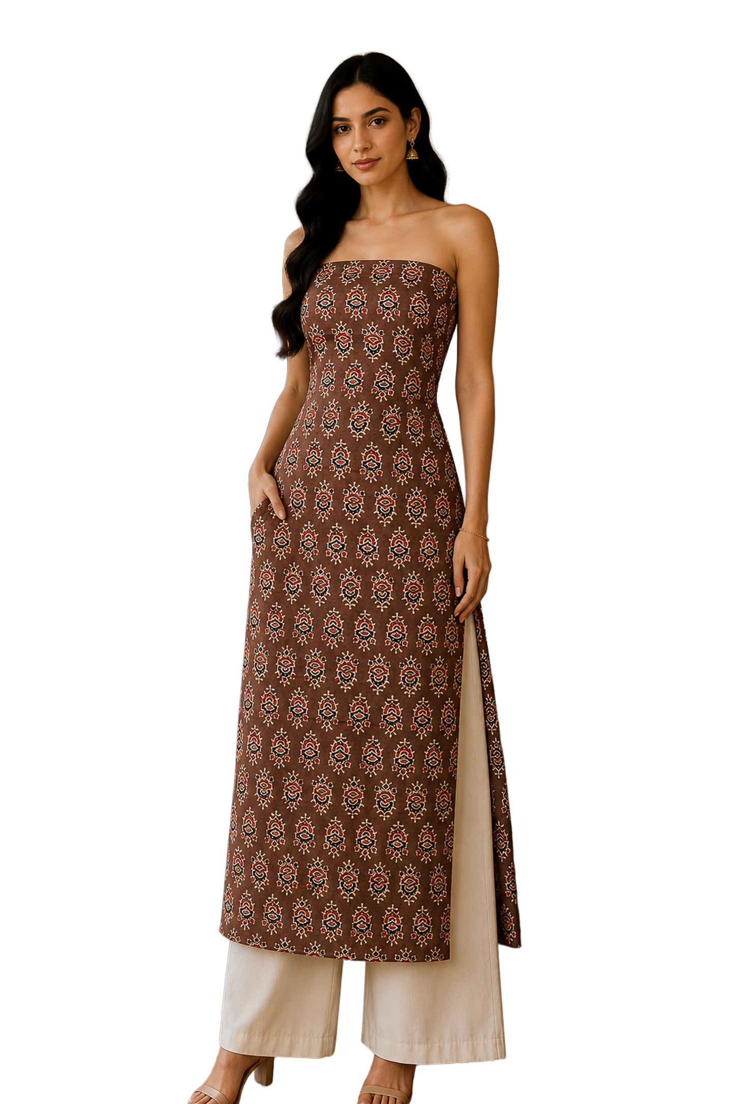 Ajrakh Modal Silk Natural Dye Hand Block Print Unstitched Kurta Fabric  Mtr Length  2.5 Mtr  Length  -  SKU : AI06401T