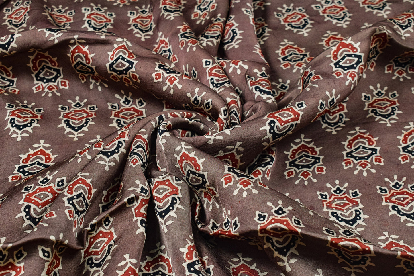 Ajrakh Modal Silk Natural Dye Hand Block Print Unstitched Kurta Fabric  Mtr Length  3 Mtr  Length  -  SKU : AI06402T