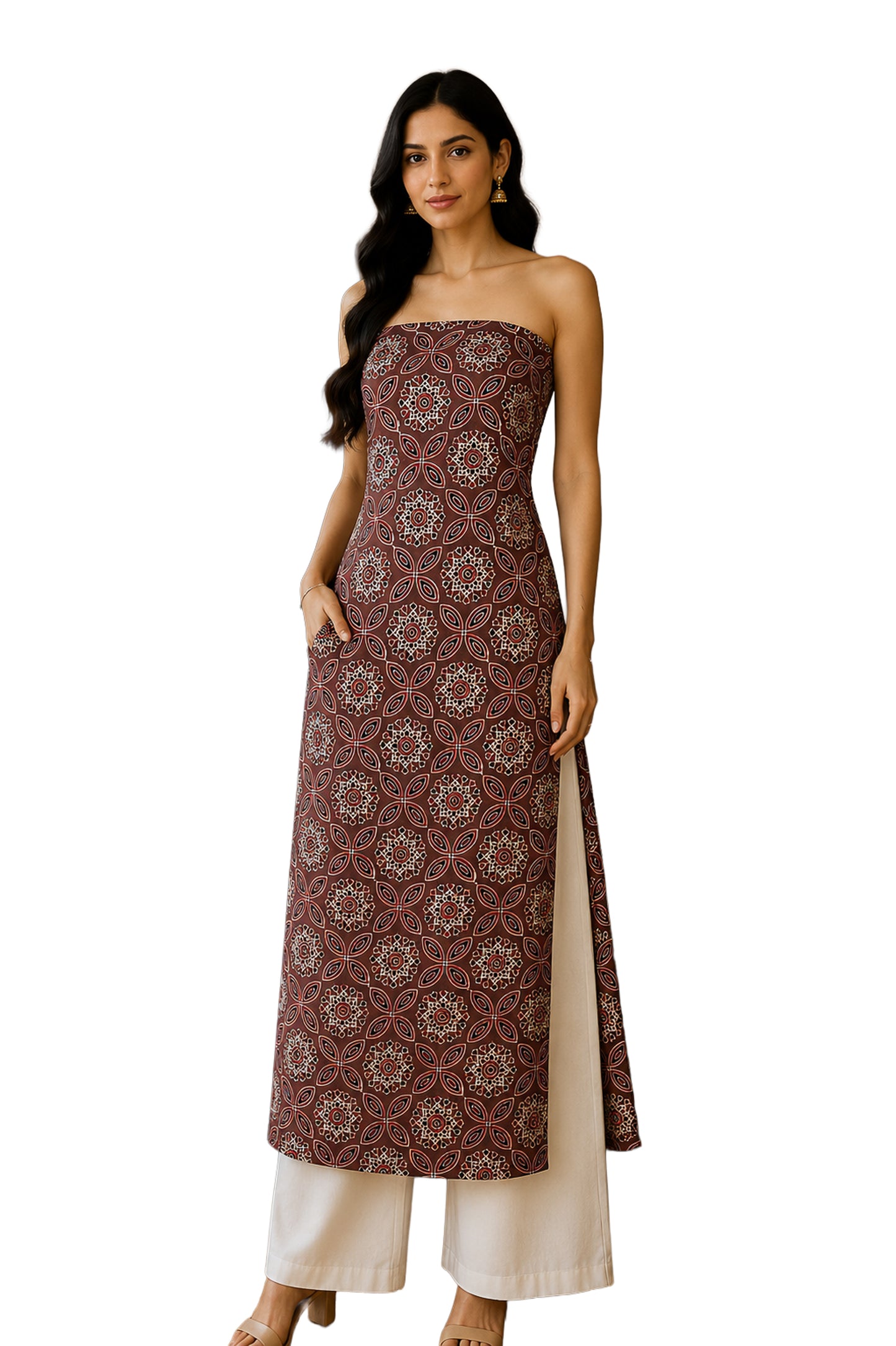 Ajrakh Modal Silk Natural Dye Hand Block Print Unstitched Kurta Fabric  Mtr Length  2.5 Mtr  Length  -  SKU : AI0640AB