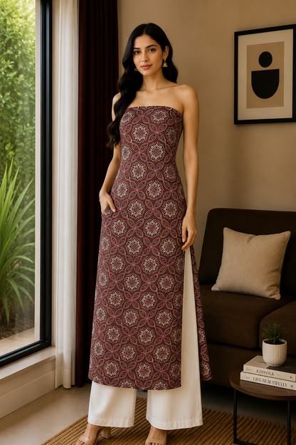 Ajrakh Modal Silk Natural Dye Hand Block Print Unstitched Kurta Fabric  Mtr Length  3 Mtr  Length  -  SKU : AI0640BB