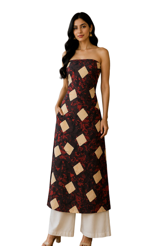 Ajrakh Modal Silk Natural Dye Hand Block Print Unstitched Kurta Fabric  2.50 Mtr Length   -  SKU : AI20101T