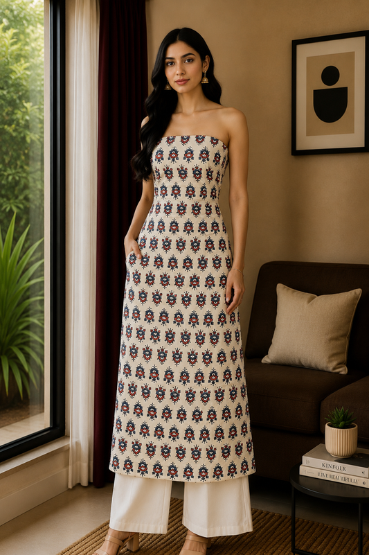Ajrakh Modal Silk Natural Dye Hand Block Print Unstitched Kurta Fabric  3.0 Mtr  Length  -  SKU : AI06402C