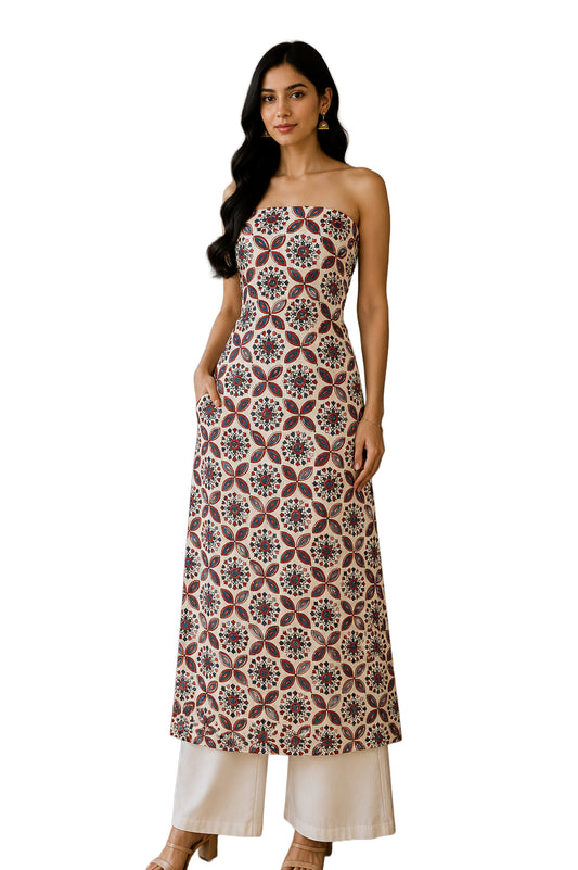 Ajrakh Modal Silk Natural Dye Hand Block Print Unstitched Kurta Fabric  Mtr Length  2.5 Mtr  Length  -  SKU : AI0640AA