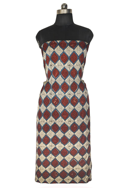 Ajrakh Modal Silk Natural Dye Hand Block Print Unstitched Kurta Fabric   3 Mtr  Length  -  SKU : AI22502N